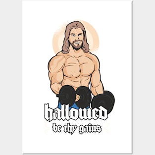 Hallowed Be Thy Gains Weightlifting Cartoon Posters and Art